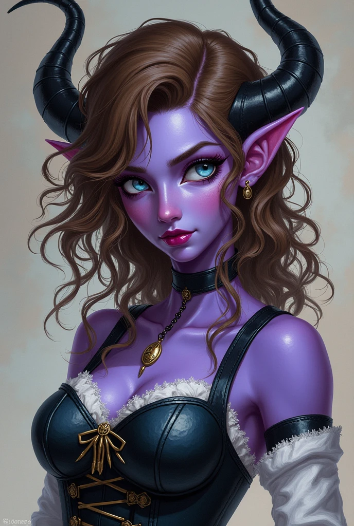 Satyr, female, purple skin, black fur, brown hair, black eyes, straight horns,
