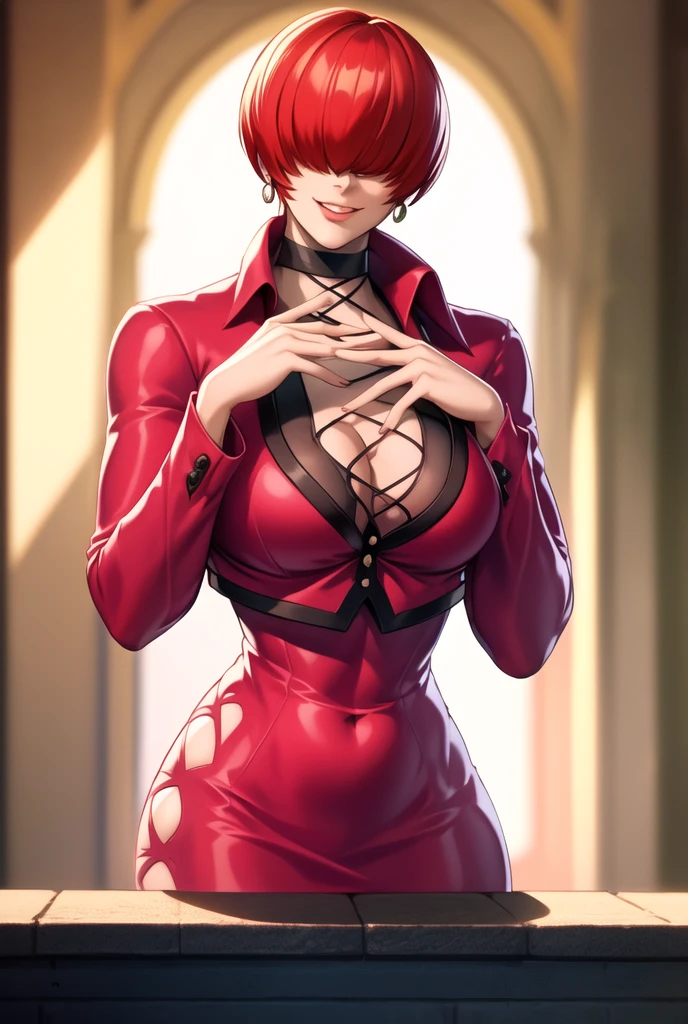 ,
Red outfit,Red jacket,choker, cleavage cutout, clothing cutout,
earrings,
Red hair,bangs,((hair over eyes)),
1 girl, 20yo,Young female,Beautiful Finger,Beautiful long legs,Beautiful body,Beautiful Nose,Beautiful character design, evil face,
looking down at viewer,(Focus on her face),too evil_Smile,
official art,extremely detailed CG unity 8k wallpaper, perfect lighting,Colorful, Bright_Front_face_Lighting,shiny skin,
(masterpiece:1.0),(best_quality:1.0), ultra high res,4K,ultra-detailed,
photography, 8K, HDR, highres, absurdres:1.2, Kodak portra 400, film grain, blurry background, bokeh:1.2, lens flare, (vibrant_color:1.2),professional photograph,
(Beautiful,large_Breasts:1.4), (beautiful_face:1.5),(narrow_waist),conceit,smile worst,worst ridecule,evil moukery,hand on hip,upper body,two hand,