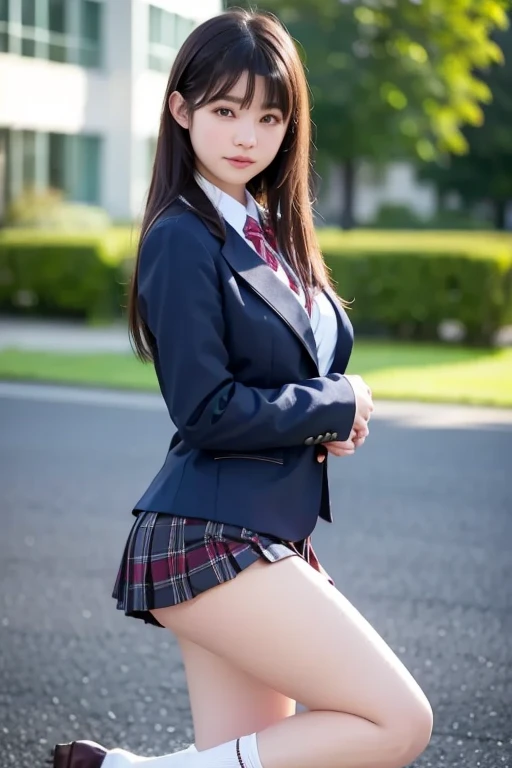 (Girl Standing On School Steps),1 girl, dark blue hair, bangs, long hair, sparkling eyes, long eyelashes, compensate, light smile, Depth of written boundary, one person&#39;perspective, close, from below, wide angle, f/1.8, 135mm, canon, nffsw, retina, table top, Accurate, anatomically correct, rough skin, Super detailed, advanced details, high quality, 最high quality, High resolution, 1080P, 4K, 8K,(学校の階段を上るFemale student),46ポイントの斜めbangs,Female student、((uniform: White blazer with emblem on the chest))、translucent white blouse、(red bow tie)、（( In bright colors,Check stripe)（）、laughter,((Skirt soars in the wind)),((White lace panties are visible))、