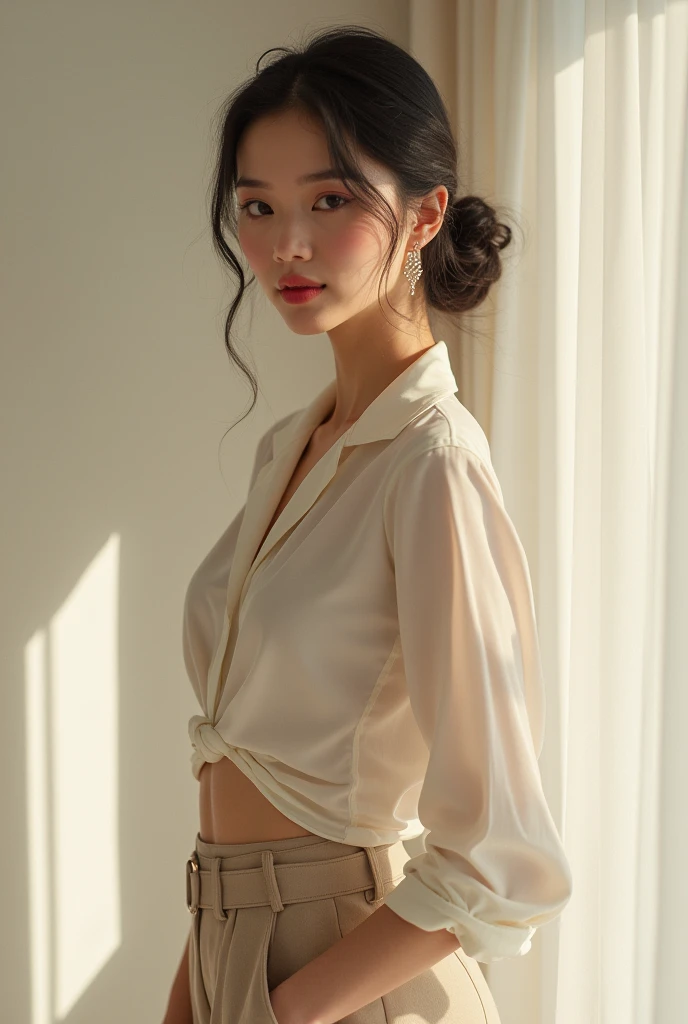 (best quality, masterpiece, high resolution:1.1),Use natural light and color, hyper detail clothes, high detailed realistic image, cinematic light, 1 female , asian, (silhouette of body:1.4),(transparent shirt:1.1), against light, erect nipples ,front view