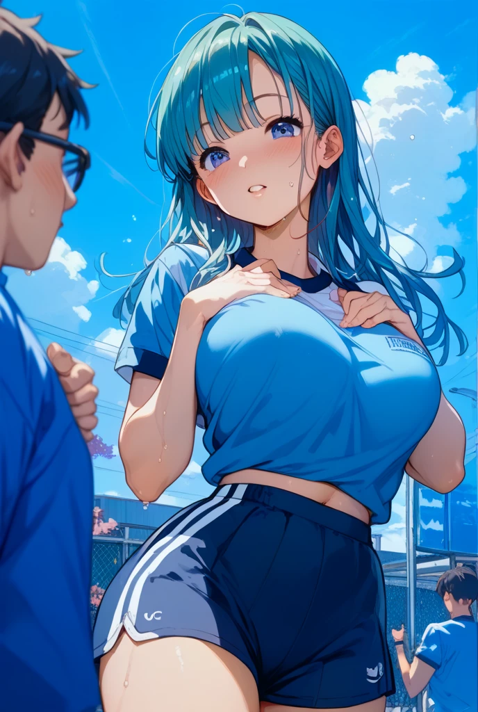 Big Breasts、A boy is trying to undress a girl in a white gym uniform with erect nipples、A boy tries to lick a girl&#39;s navy blue bloomers, showing her slit.、barefoot、classroom、A boy in uniform with an erection、Three boys fondling a girl&#39;s breasts
