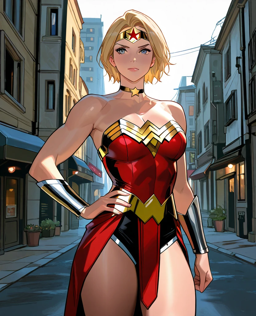 Make a young girl with short blonde hair, wearing an iron vest with low necklines, wearing chest armor with defined breasts, wearing a strappy skirt, thick thighs, an iron tiara on the forehead and wielding a sword, defined arms and shiny breasts