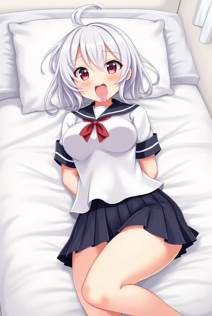 nsfw,((one man and one woman,having sex)),寝そべっている,両足を持ち上げる,vaginal,penis,bare chest,small breasts,medium hair, Braid, dull bangs, beret, black hat, hat ribbon, blue bow tie, red jacket, blazer, long sleeve, white skirt, pleated skirt, plump thighs,garter strap, white stockings,Highest image quality,masterpiece,best quality,ベッド,white background