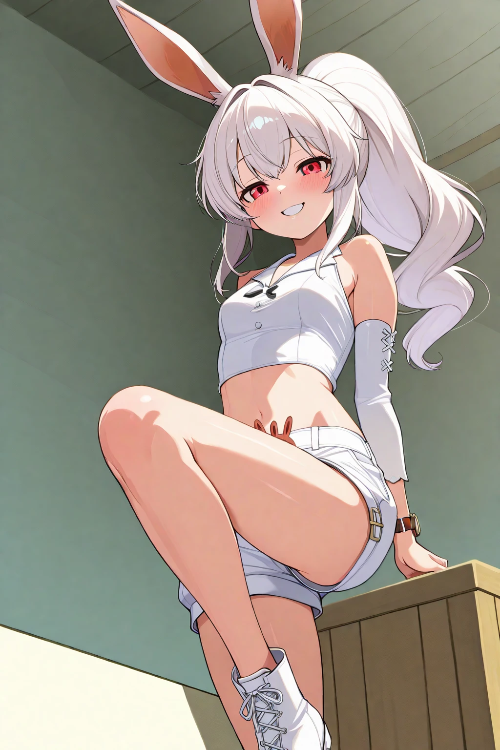 anime girl mit Hasenohren and a white top, Lola-Bunny-Fanart, OC-Kommission, Bunny Girl, casual pose, dick, mit Hasenohren, Im Anime-Stil, Order for high resolution, Charakter im Anime-Stil, ein Tanktop tragen, mit langen Schlappohren, fullbody commission for, Im Anime-Stil, sweet character, with large rabbit ears, bra visible, (((white panties))), red pupils, white hair, tanned skin