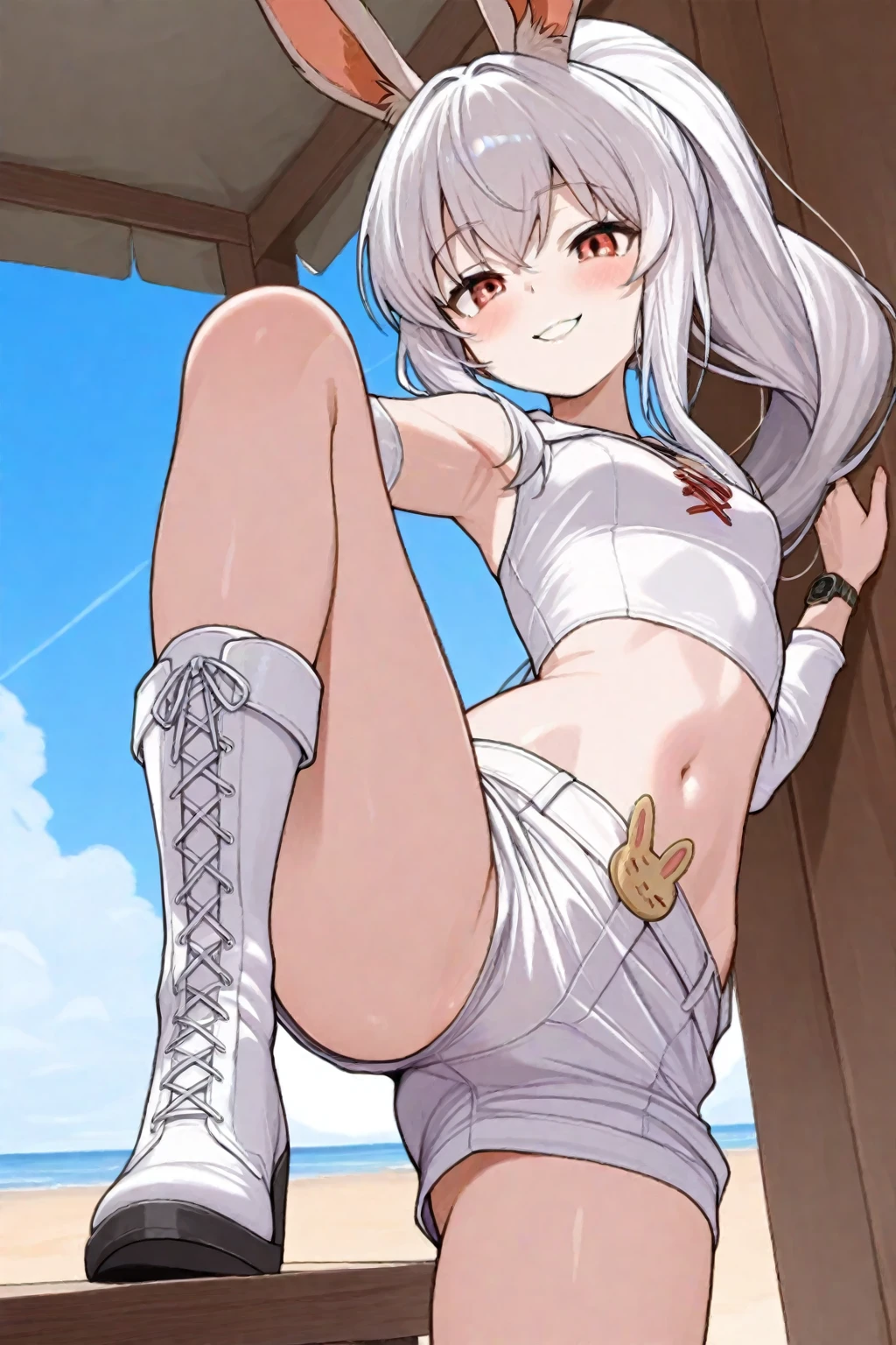 ,1young_teen_ girl,brown_hair,medium_bob_hair,platina_blond_hair,white_leotard,covered_crotch,thigh-highs,smile,standing,bluesky_landscape_background,slightly_spread_legs,happiness, short_gloves ,solo, r18, navel,relicbuster,short,boots,open_mouth,sitting,knees,bunny_ears
