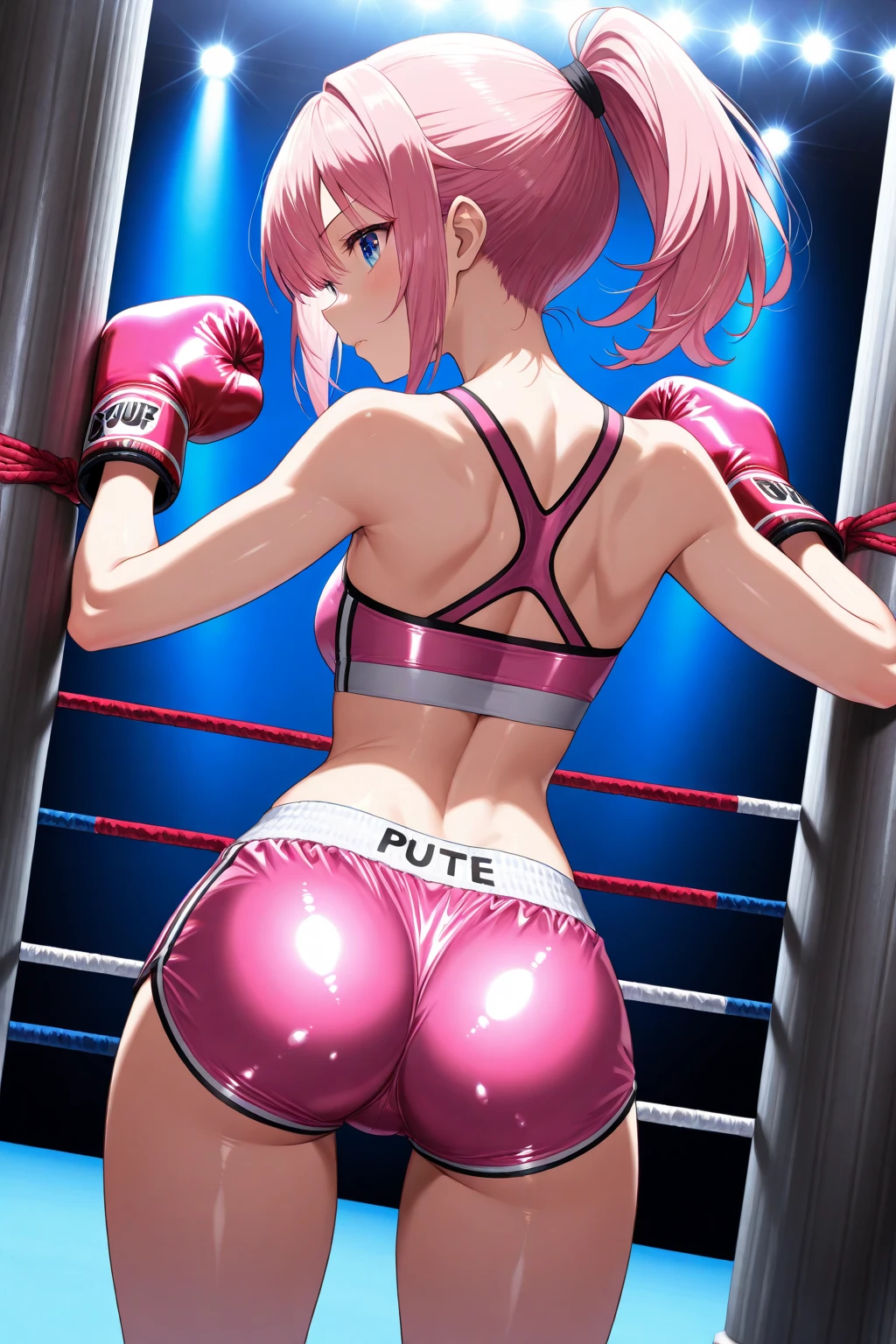  2D anime picture, (anime style 1), single female arrogant boxer, 20 years old, sadistic, Japanese, beautiful long hairstyle, curvy ass, lush breasts, in black high neck crop top, in black short sport pants, in pink boxing gloves стоит возле боксёрском ринге, in empty gym, night 