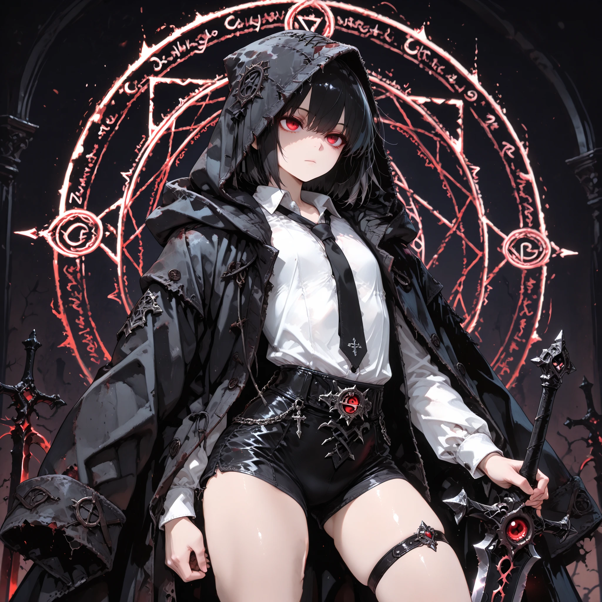 ((best quality)), ((masterpieces)), (detailed), perfect face, SOLO, ((((femboy)))), tomgirl, ANIME, beautiful detailed eyes, BOB hair, BOBed hair, BLACK hair, RED EYES, expressionless, hooded, Magical Eyes, dark background, ((BLACK HOODED coat draped over shoulders)), ((flat chest)), magic circle, ((HOODED coat )), ((hooded head)), dress shirt, short black shorts, bare thighs, ((Flat chest)), bailing_magic_circle, black tie, Cursed Sword from Encyclopedia, holding sword, Sword Stances, thigh strap,