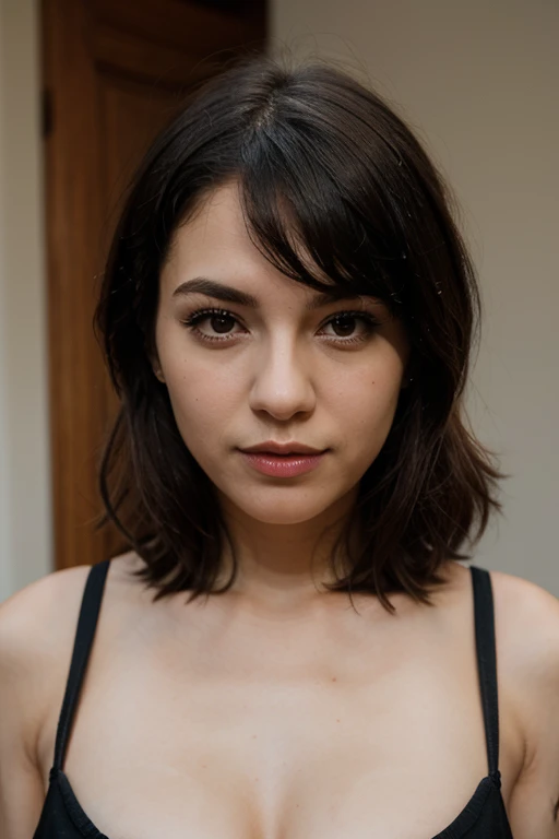 Face of white girl with short straight black shoulder length hair and honey colored eyes and full lips