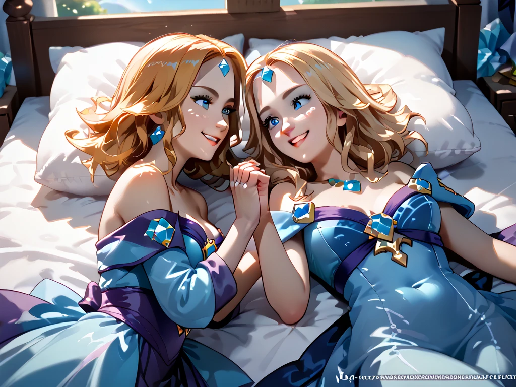 Lux(League of Legends), 1girl, solo, medium hair, blond hair, she's wearing a nightgown, sitting, on bed, bedsheets, her leg and thigh are revealed,