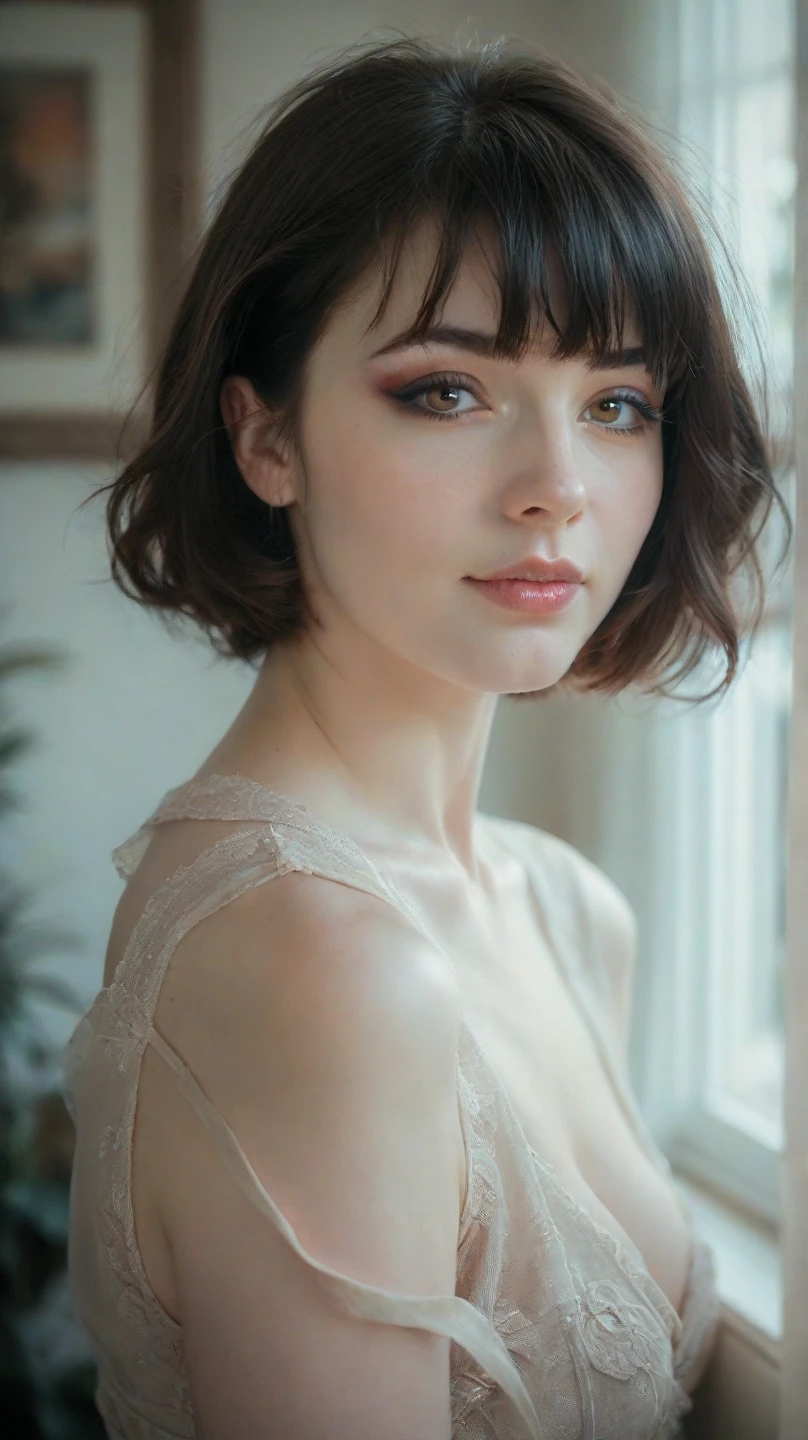 1950 Beautiful Parisian woman dressed classy at a busy Paris cafe, light blue see-through blouse, prosper dress, natural perfect perky breasts, sipping coffee, hyper detailed, sultry smile, sexy, look of love and adoration, bedroom eyes, ultra sharp, long auburn hair, bob haircut 8k, (insanely detailed:1.5), full body photograph, 20 megapixel, canon eos r3, detailed skin, pale skin