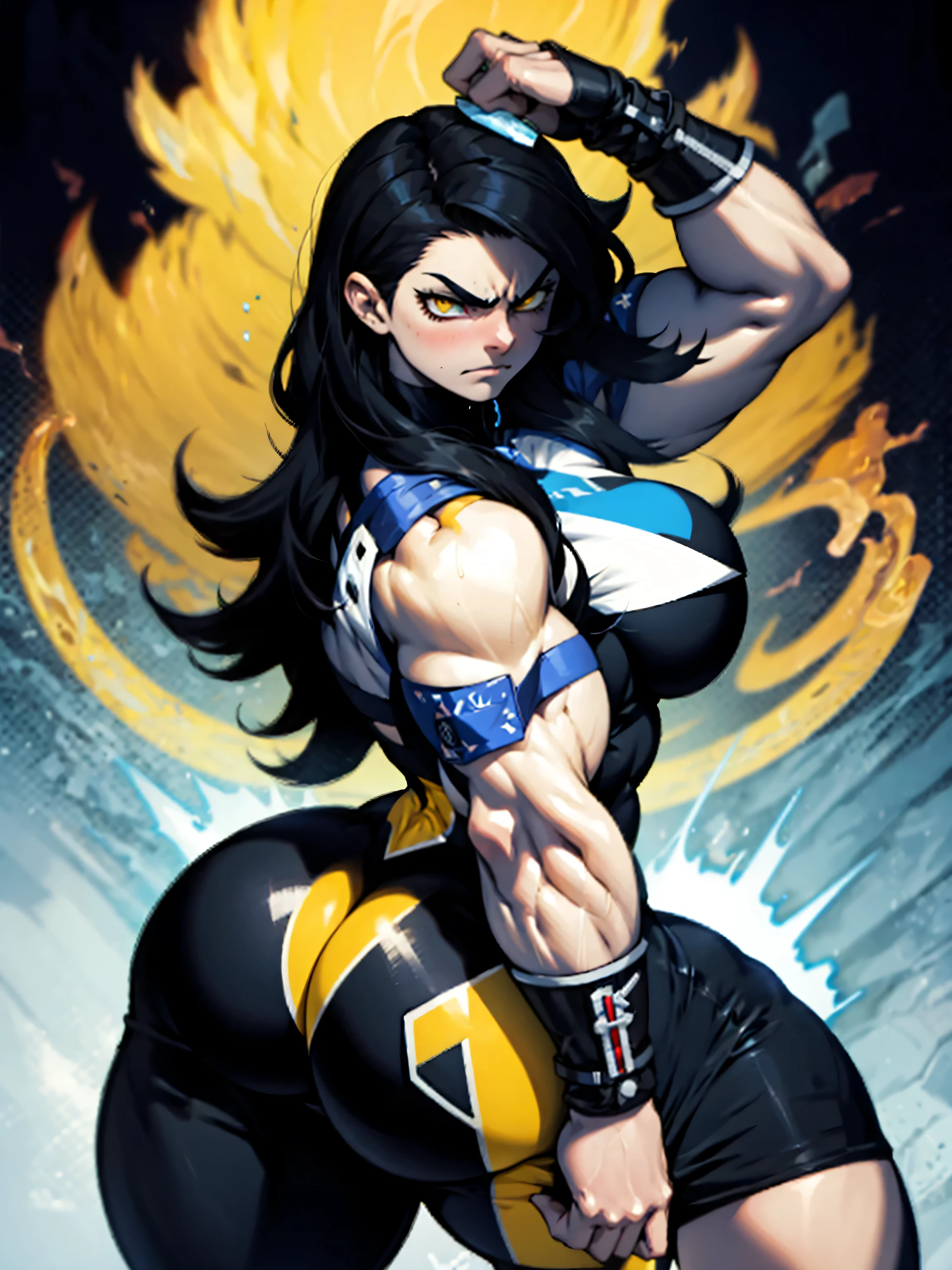 Muscular woman big chest curly black hair yellow eyes tattooed on crosfit super realism well detailed full hd