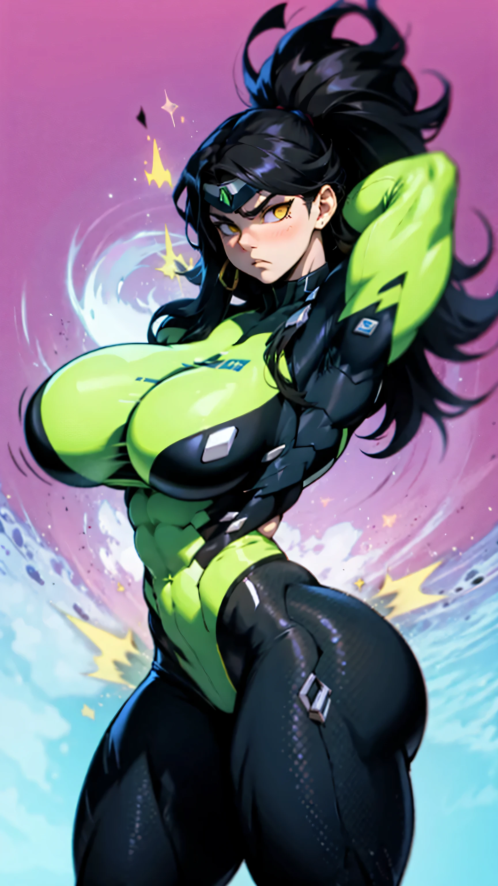 High detailed, 1 girl, kulams, side ponytail hairstyle, parted bangs, leaf-green colored hair, muscular, bodybuilder, yellow kula's clothes, kula's gloves, medium bust, strong body