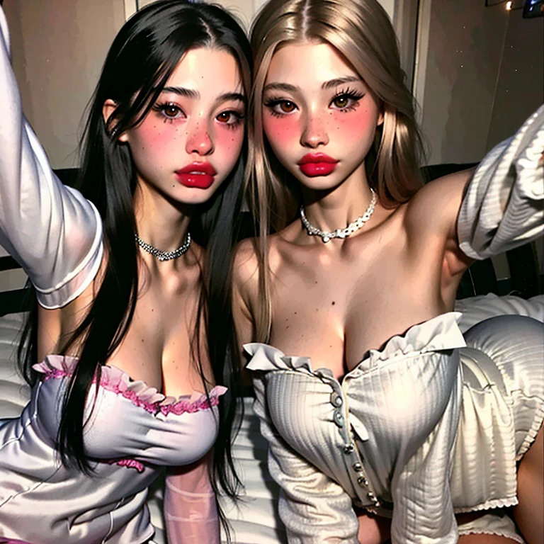 Photo, (((2heads:1, conjoined_dicephalus:1.5, two heads:1.5))), **Render**: full body, girl, (((((one person))))), feminine face, no facial hair, no body hair, cute face, detailed skin, detailed eye, Rendering in highly detailed 4K resolution, two-headed, ~25 years old, ((Silver/White Cat Ears)), (Chinese woman), (standing in the middle of a kitchen), dressed in a ((white shirt:1.1)), ((red eyeshadow/lipstick/nails)), ((silver straight hair)), ((puckered lips)), ((extending her arms towards the camera as if offering a warm welcome)), ((huge areola))