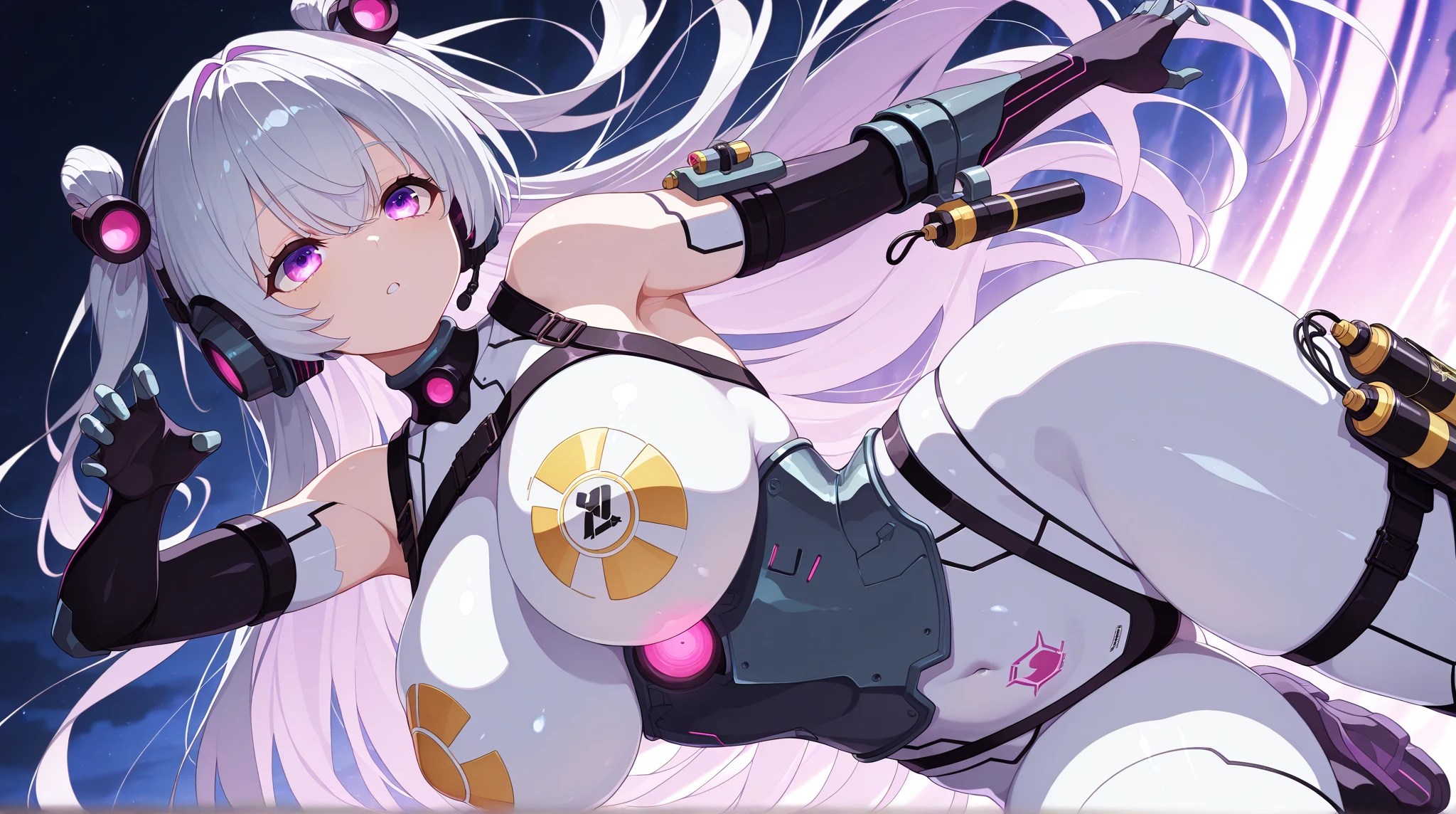 ((best quality)),Robot girl in robot style，white hair，Long ponytail hairstyle，Put on bunny ear-shaped headphones，Wearing a white suit，There are long strips of pink light on the clothes，pink eyes，（black gloves）big breasts, generous breasts, The left hand is a mechanical prosthesis，The main body consists of wires、Pipe connections， ((masterpiece)), (detail:1.4),Beautiful cyberpunk female image