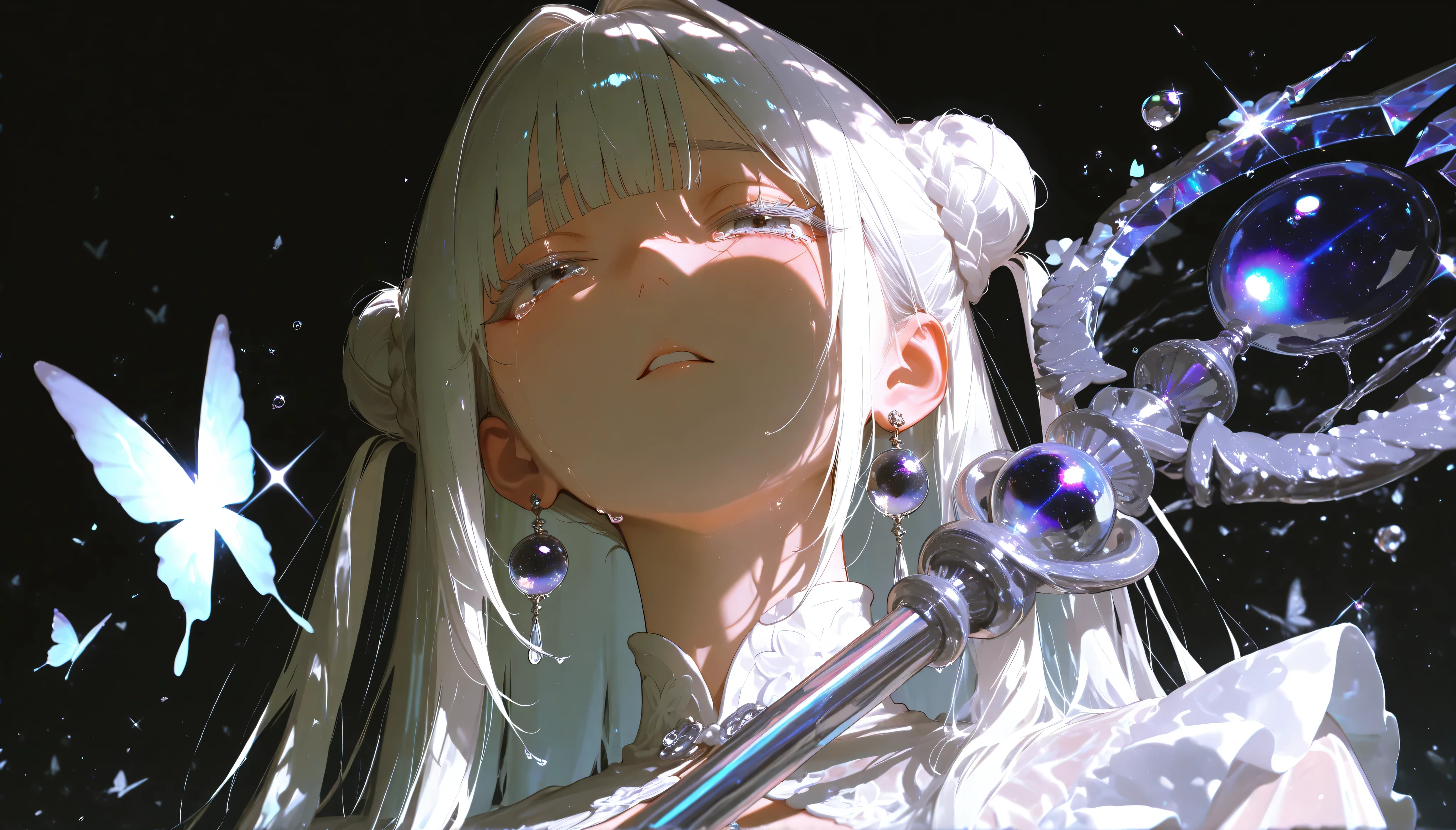 masterpiece, best quality, amazing quality, very aesthetic, absurdres, highres, newest, 2024, HDR, 8K, high detailed, detailed background,
1girl, solo, gray eyes, colored eyelashes, blunt bangs, hair hair intakes, long straight hair, two side up, hair up, white hair, braided bun, earring, hair hair ornament, bangs pinned back, looking at viewer, frilled dress, holding staff, upper body, from below, cosmic light, side lighting, face focus, facing viewer, tearing up, face, close-up, water drop, watery eyes, half-closed eyes, eyes close-up, reflection, bloom effect, dappled light dramatic lighting, particles, rim light, shadow, strong coloring, vivid color, great depth, to many butterflies, summoning spirits, spirit of butterfly, dark background, sparkle, prism light, dimension breaking, shatter, bluish-white flash merging into,