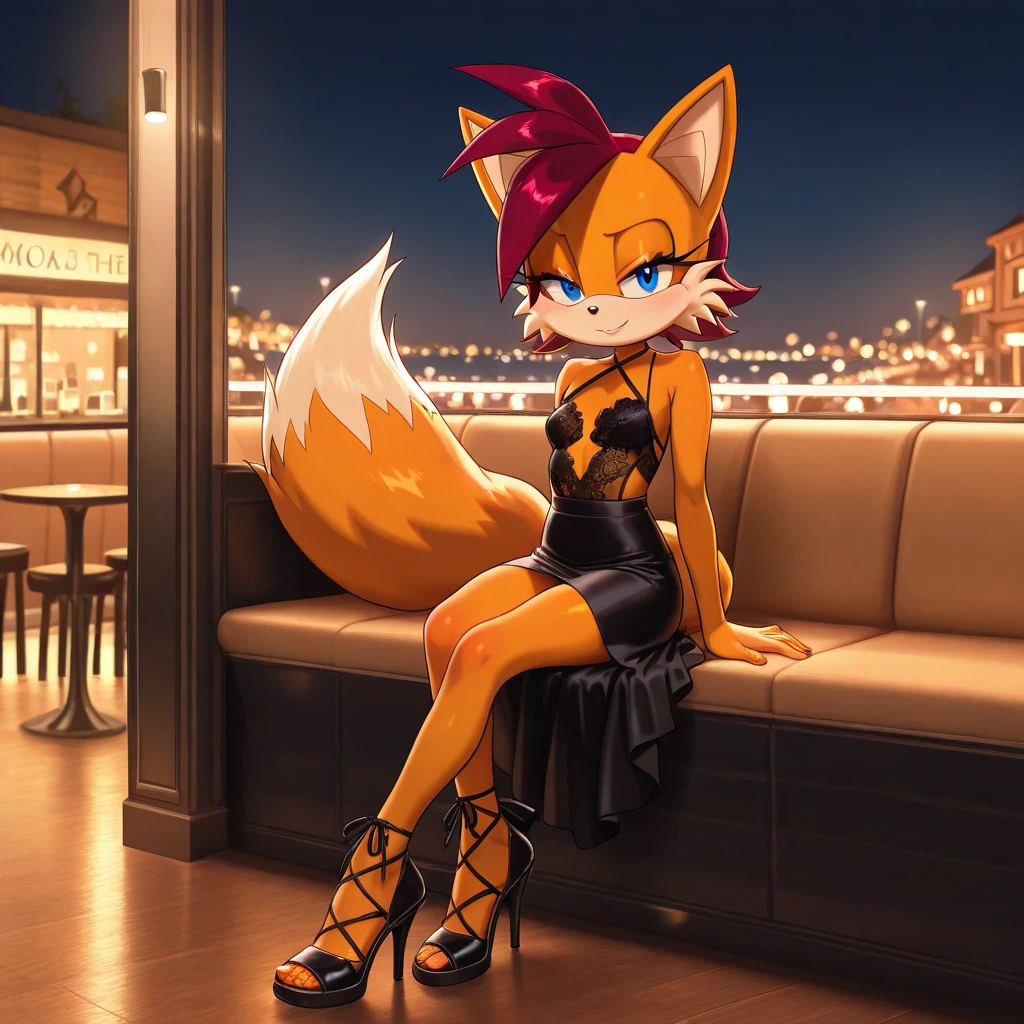 by fluff-kevlar, by ouka, by Kilinah, (((woman, breasts, antrum, extremely detailed, extremely detailed legs, extremely detailed arms, extremely detailed face, perfectly detailed eyes, perfectly detailed anatomy))): 1.2, beautiful and detailed portrait of an anthropomorphic vixen ((female))), anthro, female, red fox, high definition, good anatomy, orange fur, orange body, highly detailed face, deep yellow iris, yellow eyes, red hair, long hair, speech bubble, heart, hearts, dark lighting, moody lighting, night, sexy body, slanky body, sexy face, nice, hot, cute, paws, showing feet, presenting paws, sitting on bench, outdoors, in a park, blushing, friendly smile, smile, friendly, elegant, dark, mysterious, alluring, beautiful, thigh highs, detached sleeves, bra, underwear, long tail, fluffy fox tail