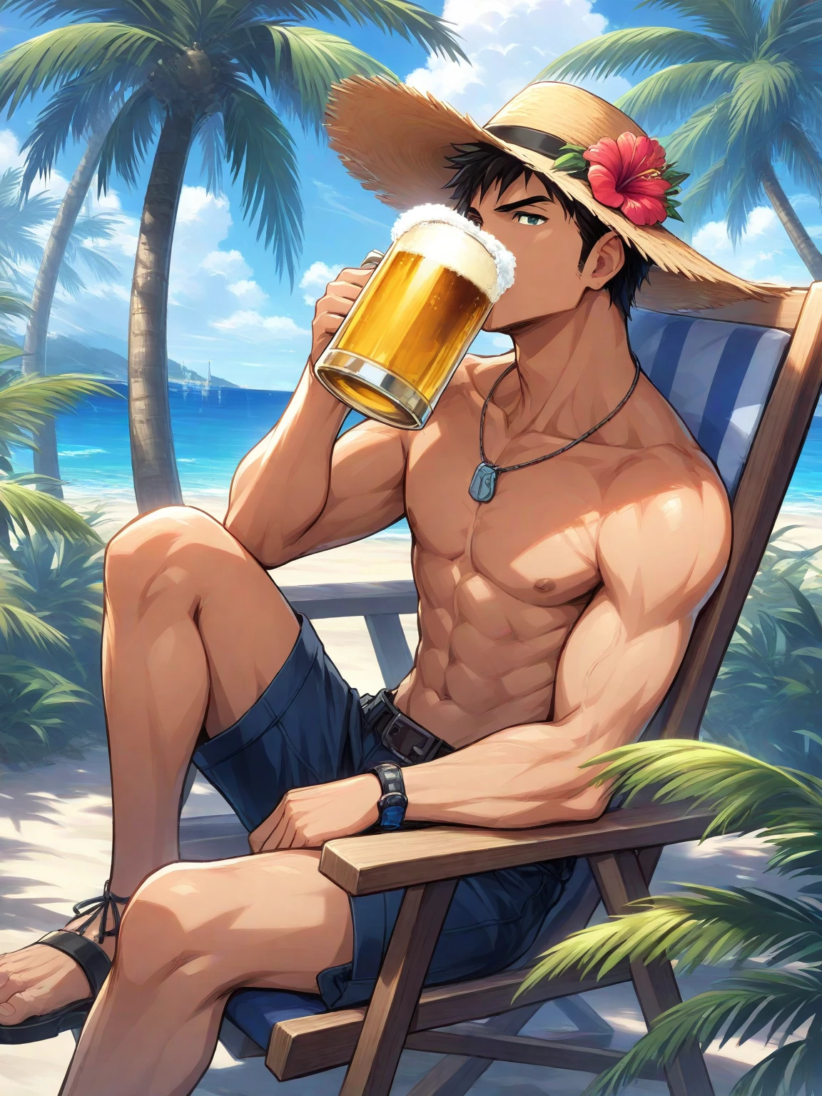 best hands,best quality,(masterpiece:1.1576), (ultra detailed 8k art:1.05),1 male,(black hair, buzz cut:1.2),(drink 1 beer,Sweatt,1 beer mug,blue eyes),close-up 1 male, dark skin, (Hawaiian shirt,He has 1 sunglasses on his head:1.5),cowboy Shot,smile,fresh,outdoor,beach,looking the viewer BREAK
shirt fully unbuttoned,shirt wide open,open legs,white bikini,yellow Beach Umbrella, Adirondack Chair,(crowded beach with people in swimsuits:1.2)