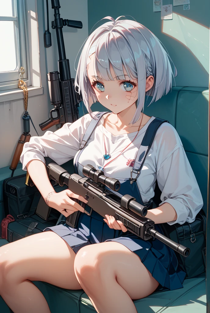 Beautiful girl shooting a gun、Changing magazines、Blue and white checked dress、barefoot、Military boots、 shoots her friend