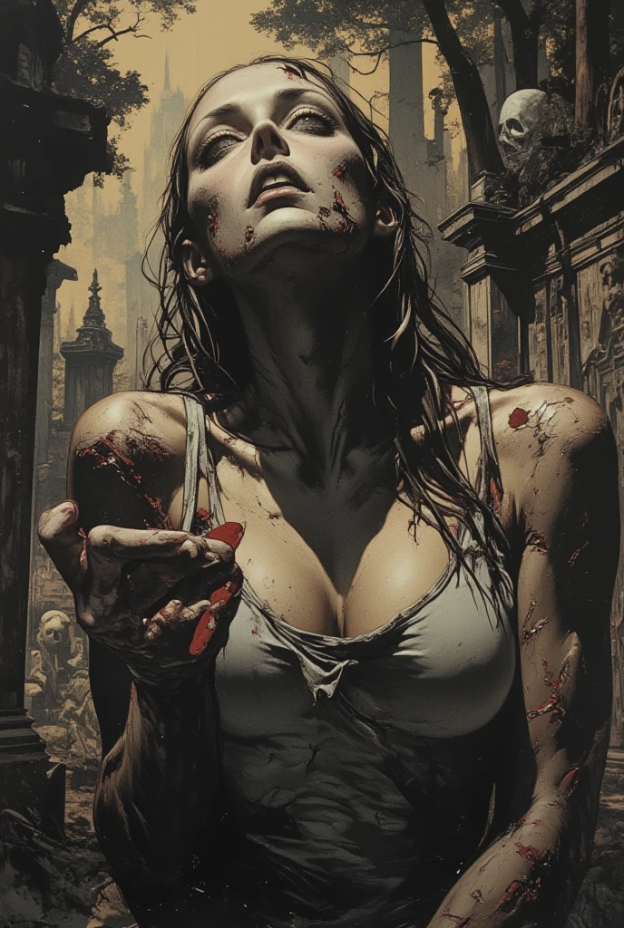 masterpiece, Highest quality, View from below, One Girl, ((naked)), ((pale_skin)), （（（straddling a man））、（（（（Female organ）））、（（Corpse covered in filth））、Sharp teeth, Horror, Messy Hair, look up, Makeup comes off,, Horror, Devilish Laugh, spooky, Broken black piema,, Wooden chamber, (血まみれの奇妙なspookyサイン, Injured), ((Blood splattered on the floor)), darkness, Cruelty, Low Light, Super detailed, expensive_solve