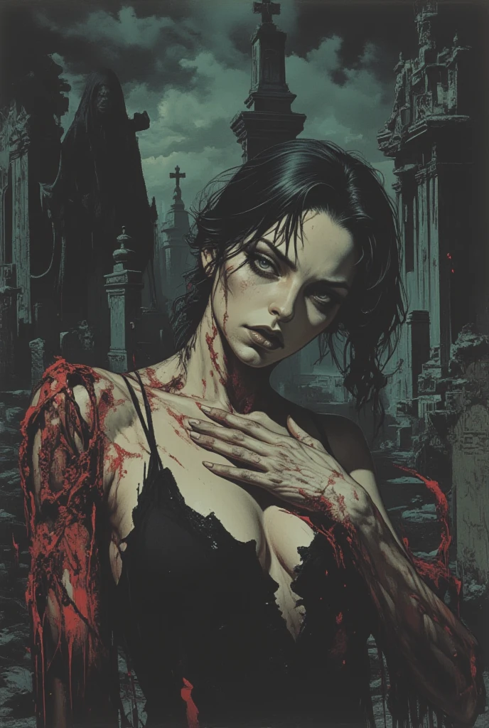 In a graveyard in front of a tombstone, a decomposing beautiful nude woman crawls out of the grave, Crawling towards the viewer. A spectral being draped in flowing iridescent mists. Zombie bride, round breasts,nipples,; lightning,thunder storm, fog, blood moon,; comic art style, dramatic lighting, moody, angry stare towards viewer, arching her back, raising her butt
