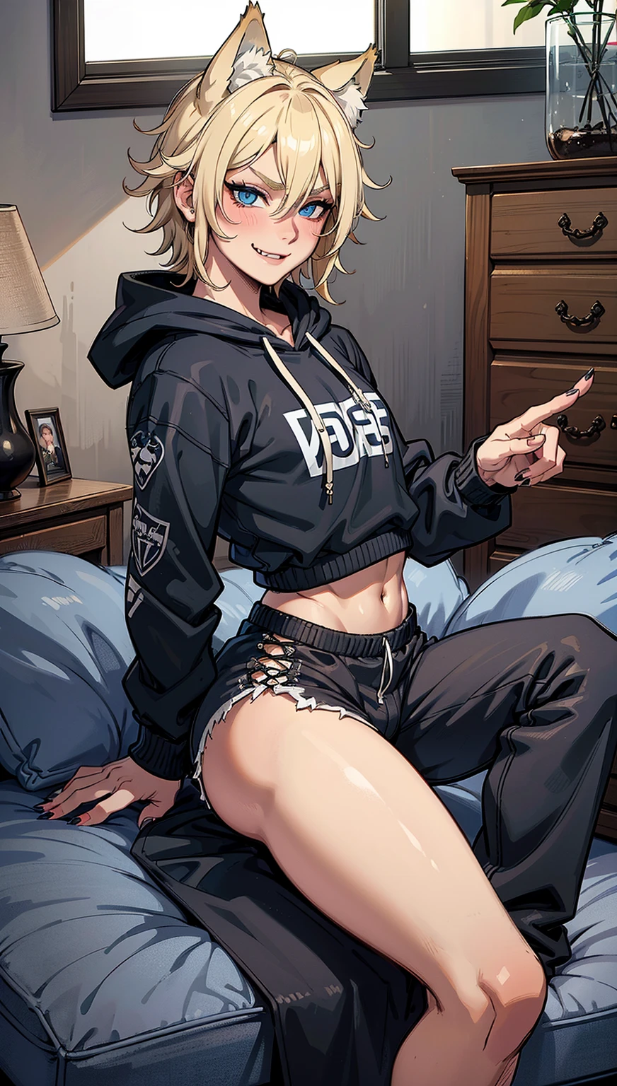 ((1boy)), blue eyes, (messy blonde hair), close up view, wolf ears, wolf tail, black hoodie, black booty shorts, slim waist, big thighs, looking at viewer, fangs, living room, sharp nails, ultra masterpiece, HD, young, twink, wide hips, blush, big butt, bulge, smug, smile,