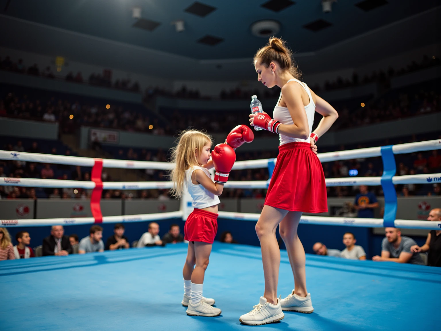 Elderly woman in bikini boxing teenage boy in boxing ring