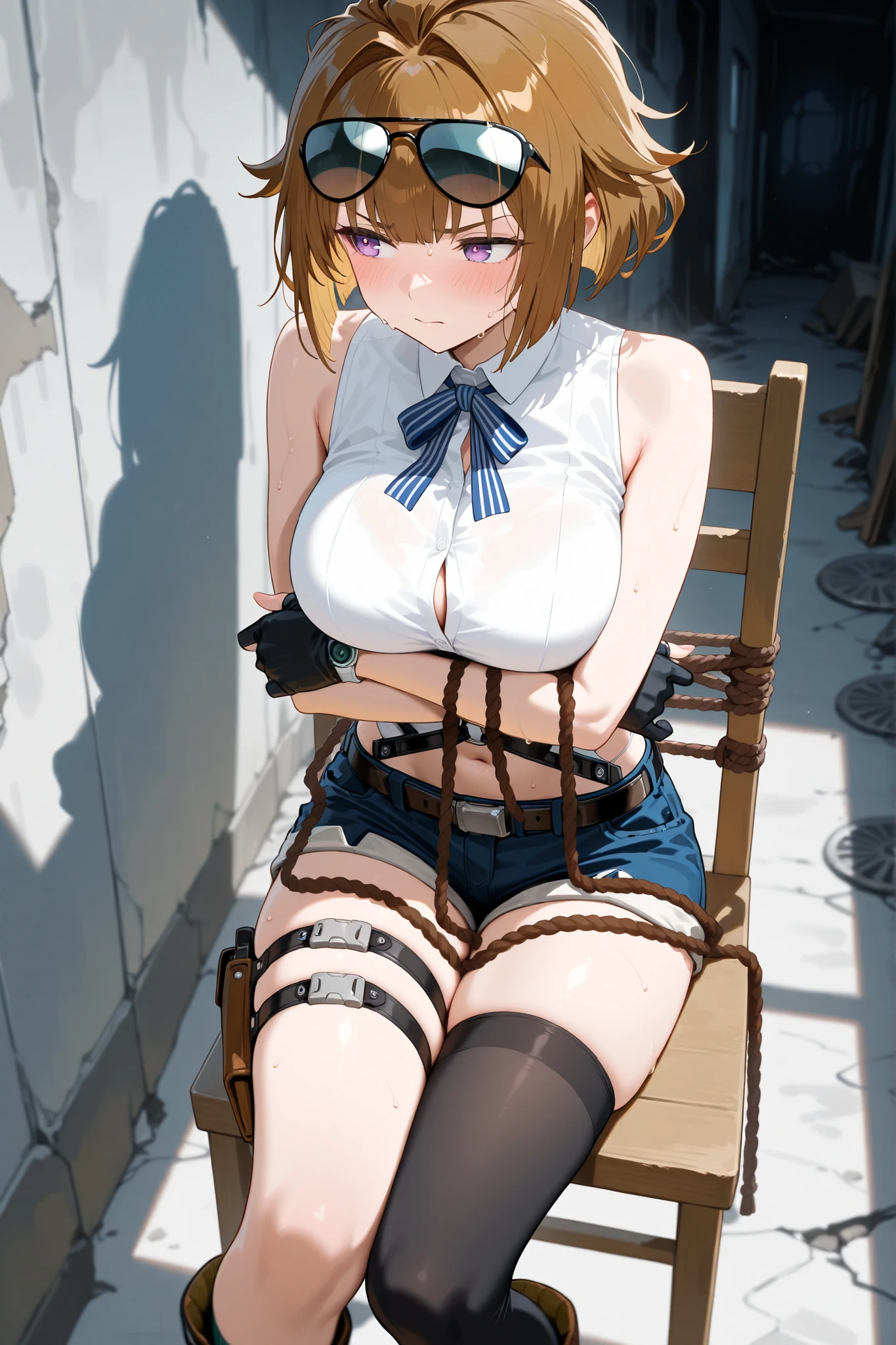 (flabbergasted), asuna ba, looking at viewer, large breasts, ribbon, long hair, light brown hair, , ass visible through thighs, hair over one eye, strapless, blue bowtie, black pantyhose,playboy bunny, gloves,animal ears, mole, covered navel, fake animal ears, mole on breast, white gloves,highleg leotard,strapless leotard, bare shoulders, pantyhose, traditional bowtie, rabbit ears,detached collar, bowtie, thighband pantyhose, blue leotard, blue bow, cleavage,high-heels,blue high-heels , halo, solo, blue eyes, 1girl, panties,white background,simple background, show off nipple,REGULAR CROSS HARITSUKE, WOOD CROSS, V LEGS, FOLDED, WRISTS TO ANKLES, BOUND WRISTS, BOUND ANKLES, girl in crucified,full body,