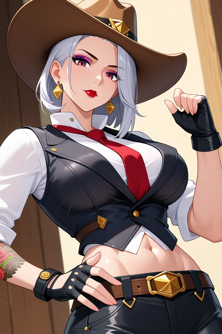 score_9, score_7_up, 1girl, solo, (ashe \(overwatch\)):0.7, collared shirt, cowboy hat, headshot, cleavage, presenting, depth of field, large breasts