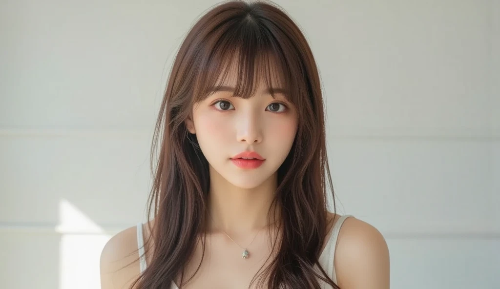 ((cute日本の女の子、beautiful japanese girl、1 girl、19 years old、Highly detailed face and skin texture、super detailed face、highly detailed eyes、Lee Hong、blush、ponytail、close-up of woman、front、cute、Highly detailed face and skin texture、smooth white skin、Transparent skin texture、))、(dark brown hair)、look at the camera、sharp focus:1.2、beautiful woman with perfect style:1.4、japanese model、young gravure idol、若いcuteグラビアアイドル、Realistic young gravure idol、sophisticated gravure idol、((highest quality、8K、masterpiece:1.3、1photograph))、(4K、RAWphotograph、highest quality)、Place someone on the other side of the screen、Natural light、((morning、noon、Bright interior、white room、Sense of cleanliness、bedルーム、bed、観葉plant、plant))、