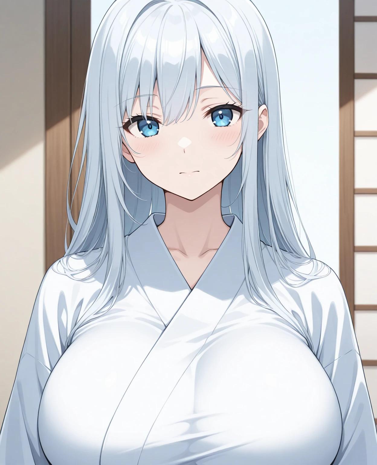 (((masterpiece))), ShizukaMikazuki, One Girl, alone, View your viewers, Long Hair, Gray Hair, Long sleeve, Cleavage, Large Breasts, Mature Body,clavicle, Japanese high ,  Play sports often, blue eyes, High Ponytail, The look of temptation,Embarrassed face