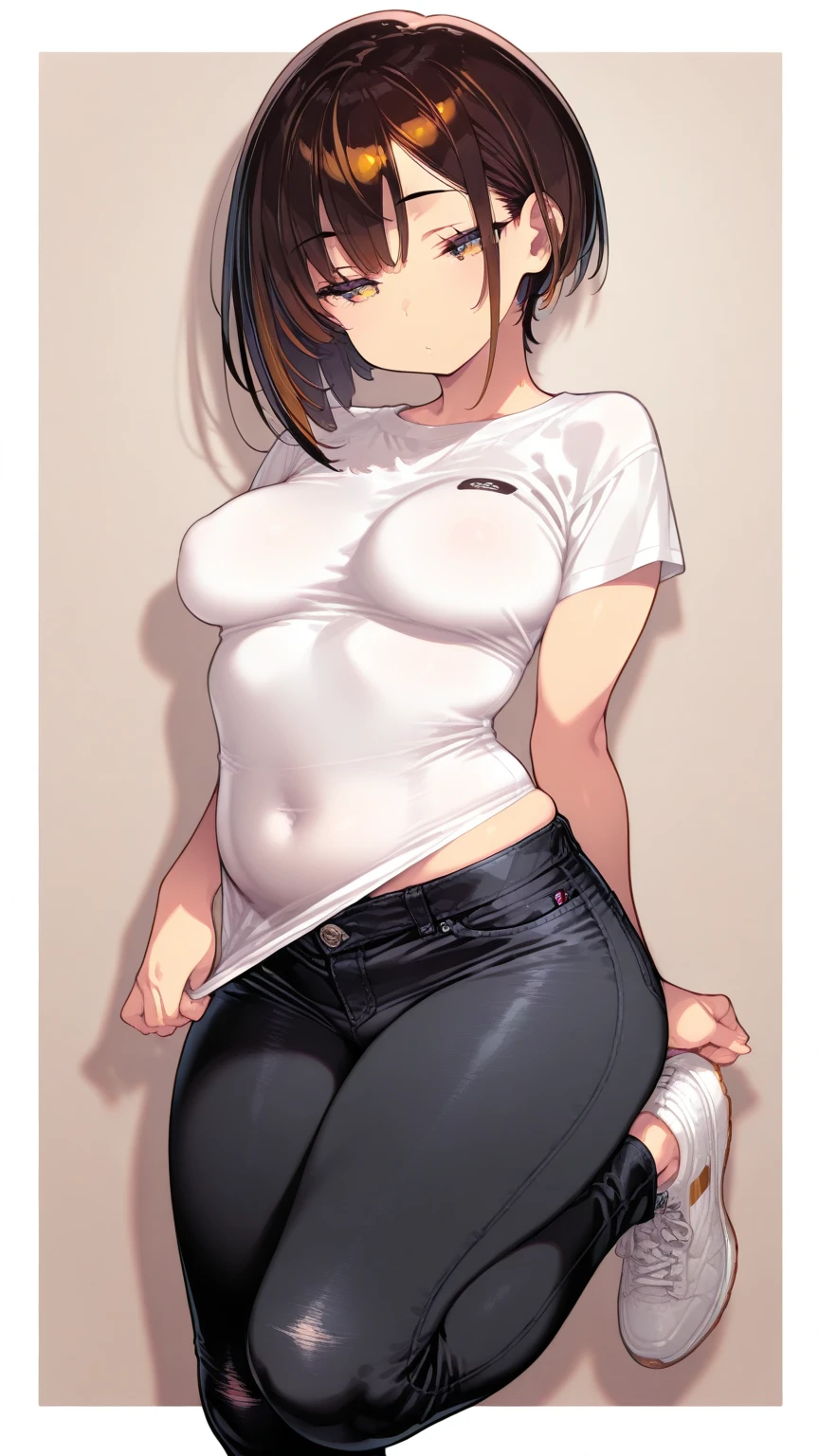Woman, thick legs,thick upper body,small waist, beautifull face, a bit dark skin,no underwear,small shirt,thick thighs, nipples, blushed, no pants or shorts, wet shirt, white shirt,