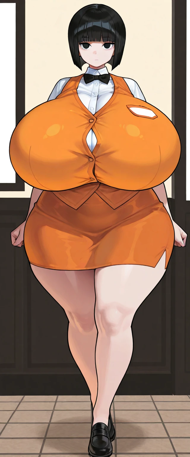 Slime girl, (slime), Slime hair Double buns hair style, Pumpkin Orange, weapon belt, Masterpiece, Best Quality, gigantic breasts, slime girl, slime girl, purple hair, lavender hair, yellow clothes, weapon belt around waistline, rifle, long rifle, AR-15 Rifle, assault rifle, exposed yellow bra, yellow clothing, wearing yellow clothing, fully body view, tight yellow dress, Rifle in hand, mature woman, gorgeous, perverted, sexy, yellow dress, exposed chest, exposed bra, exposed breast, black boots/heels, gold bracelets around wrist, holding rifle, aiming with rifle, tactical stance, tactical gear, sweaty body, long legs, tall woman, lustful yellow eyes, yellow lingerie