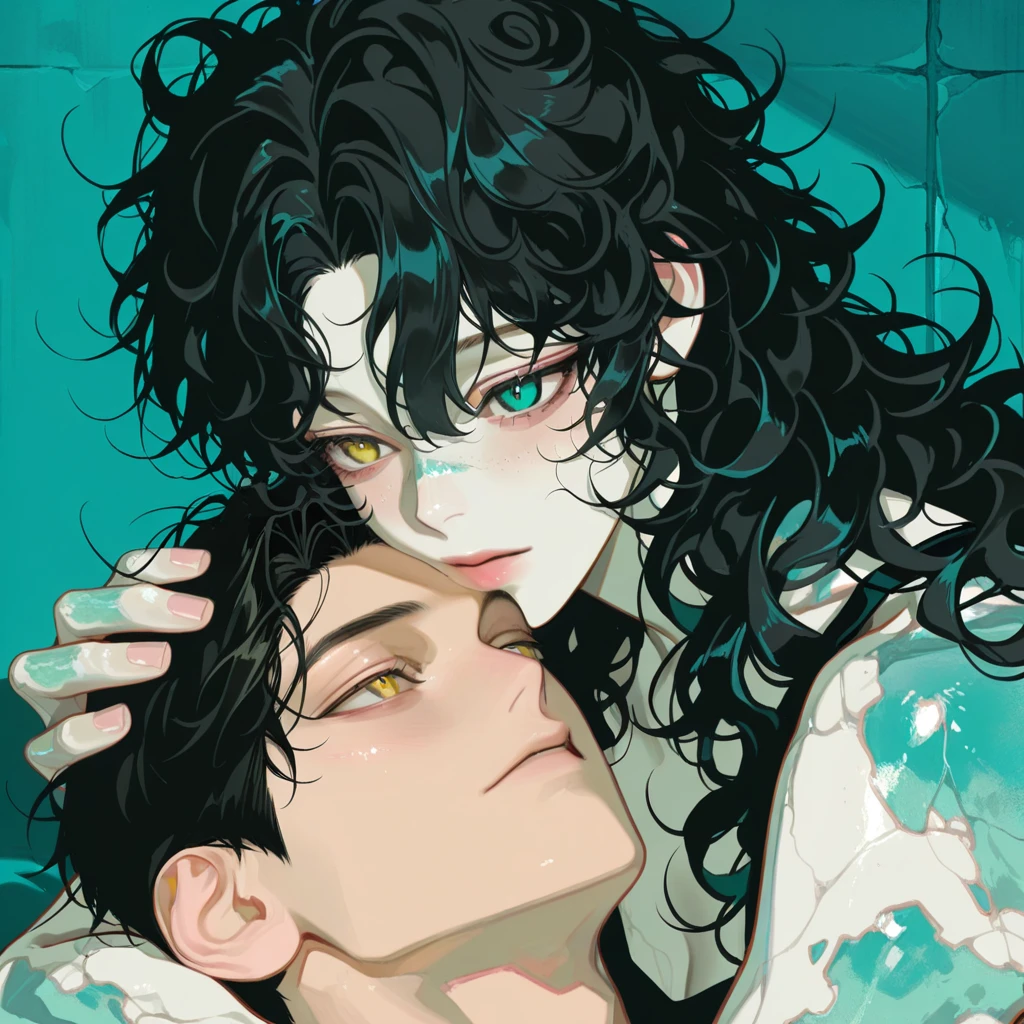 Her BF and her are kissing on the beach, she has short Black Hair a little long wavy, Sunburn, Beautiful Face, 15-year-old girl. Her BF has a handsome face, Looks hot, White skin anime version, Black Hair