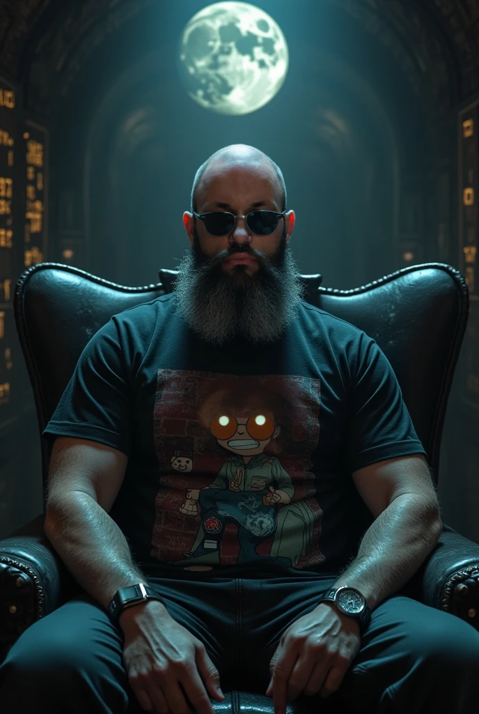 "Create a high-resolution (4K) horizontal image, focusing on the face of a 50-year-old man with a platinum goatee and a shaved head, looking straight ahead, sitting in a matte black gaming chair with orange accents. He is wearing rectangular sunglasses with amber lenses and a black T-shirt with the inscription 'Gothic'. On his lap, a Siamese cat sleeps. A soft light from a table lamp illuminates the room, creating delicate shadows and contrasting with the wall with 3D effects of a galaxy. On the table, in addition to a headset, there is a steaming mug of coffee. On the wall in the background, a faded poster of an 80s rock band completes the scene. Use a semi-realistic style with vibrant colors and shallow depth of field, emphasizing the texture of the materials and the calm expression of the man. The overall atmosphere should be calm and welcoming, with a touch of nostalgia and mystery." In the background, a monitor displays this same image.