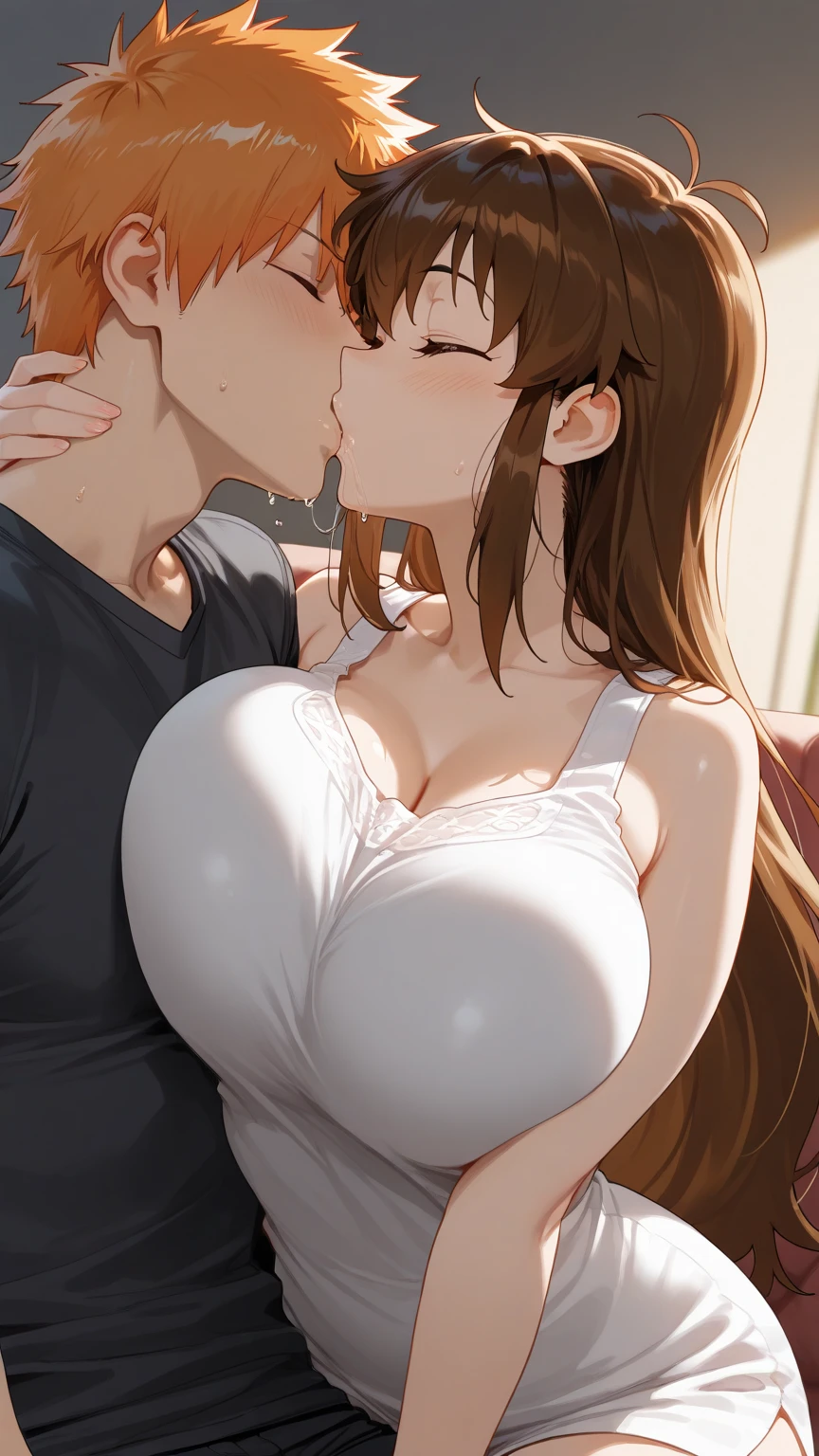 A nude mature mother with big tits breastfeeds the young teen boy