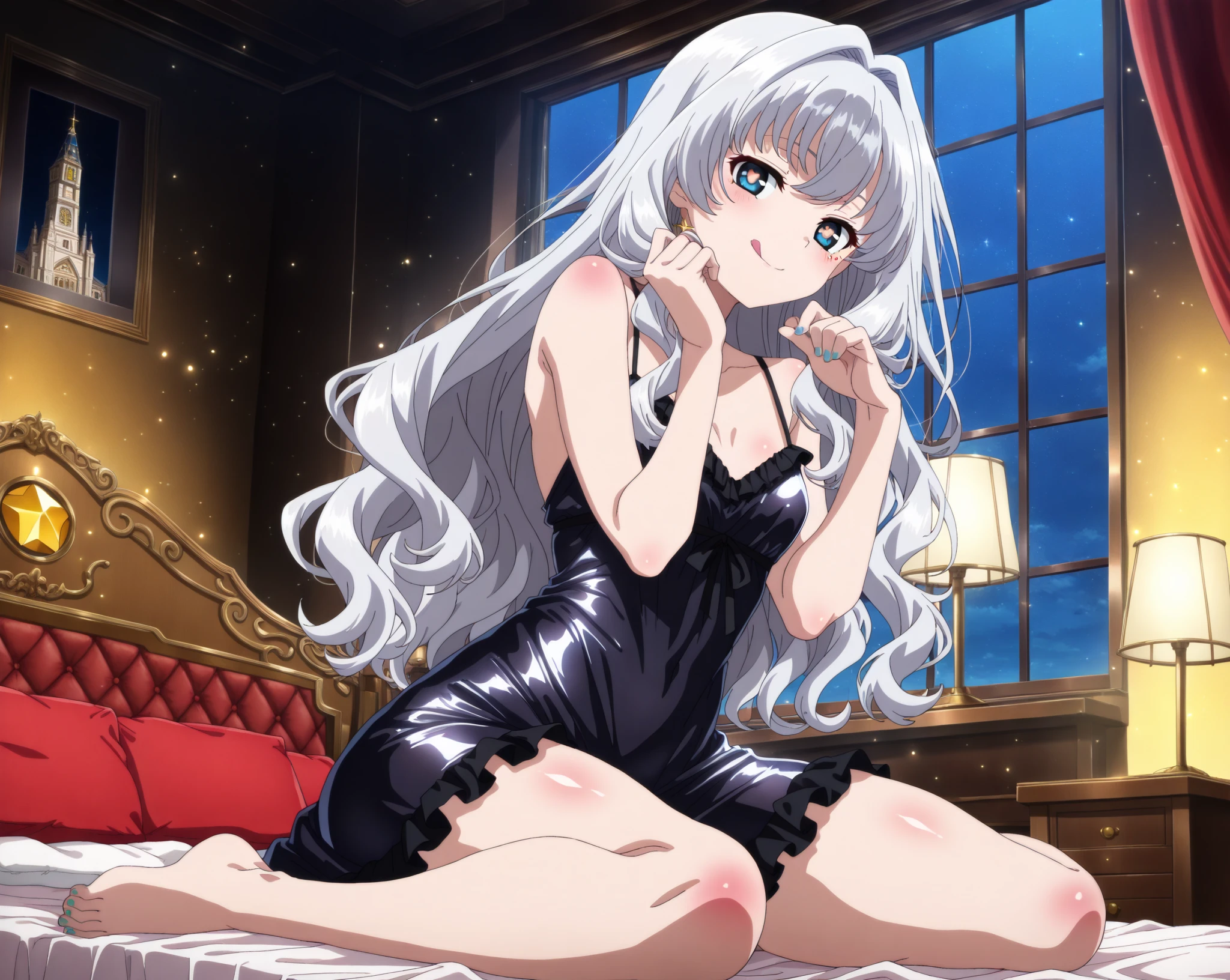 (Highest quality, High resolution, Very detailed), 1 female, Silver Hair, Long Hair, Reddish brown eyes, Black Dress, Nude, pussy, vaginale, ((pussy juice)), secretary, 24th generation, Beautiful woman, mature, thin, quiet, Calm, Large Breasts, A small smile, sofa,