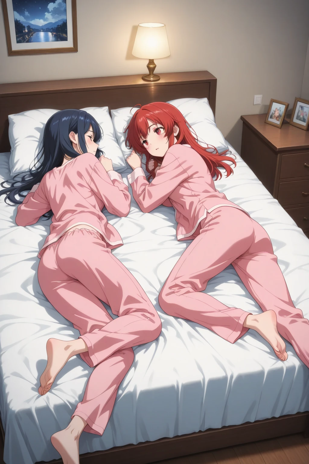 (Highest quality), (masterpiece), highly detailed, Ultra-high resolution, 2 women, Mature Woman, Kosaka sleeping side by side, close together_Tamaki Sisters, On the left side of the bed, Kosaka was in a beige suit with her showing, a tight skirt, and pantyhose, with her legs spread, and was asleep without noticing while I inserted my penis into her and had sex with her._With my penis inserted in Tamaki, Kosaka was asleep next to me with her legs spread apart in a light pink suit, miniskirt and pantyhose._Tamaki is incontinent, whole body, Eyes that are uniform in shape, Sleeping with both eyes closed, Redhead, Long Hair, She has a full head of pubic hair, Beautiful Vagina, White semen is spilling out from the gap between her vagina and my penis inserted in her vagina., A small cross-section of a uterus with a penis expelling semen in the background,