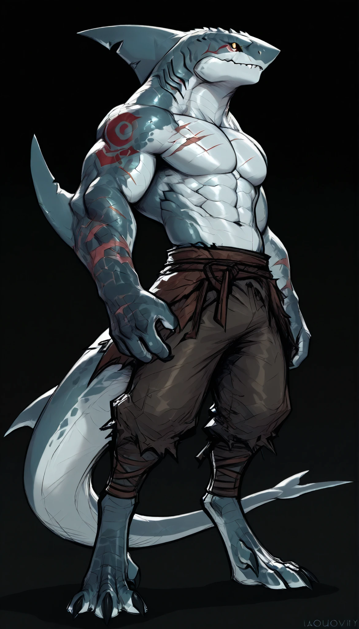 sharkman, anthro megalodon, darker hands and fins, solo, big arms, bara, detailed skin, lizard shark hybrid, anthro, closed mouth, polynesian tattoos, tattoos covering arm and shoulder, detailed scalie skin, scalie arms, fins on arms, gray color body, beefy, thick scales on arms, digitigrade legs, bulky body, light musclegut, proporcional body, mercenary pants, wide chest, old scars, marked jaw, 4 toes, thick shark tail, The design incorporates elements from various shark species, such as the dorsal fin, and muscular build, best quality, sketch, ultra-detailed, by laobai, by honovy, by Riolutiny, detailed illustration of 4K horror, standing ready to fight, dark background, demi side view, dynamic pose, dynamic angle,