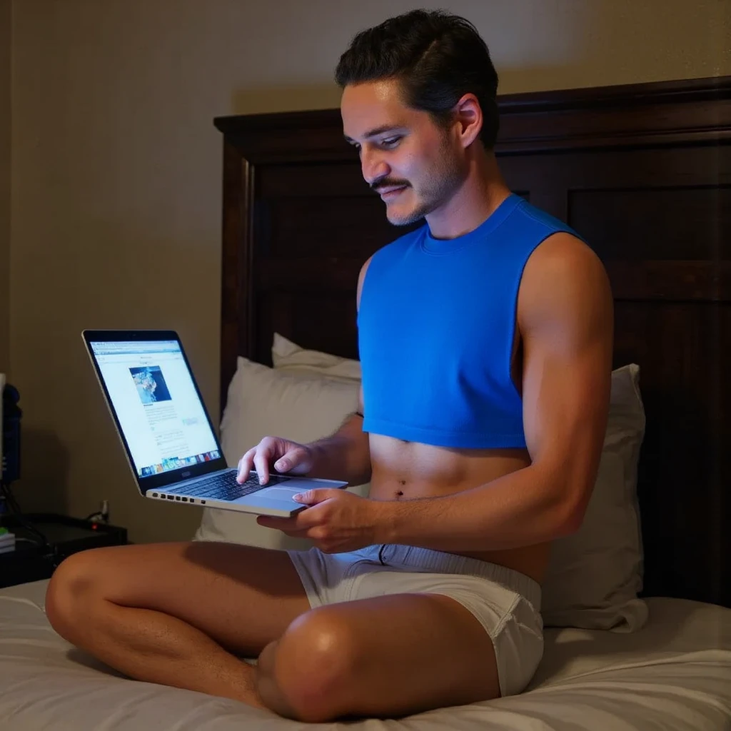 masterpiece, best quality, ultra detailed, realistic, sfw, 1boy, an attractive 18 years old fit caucasian boy lying in bed using laptop video call, looking at laptop screen, sweat, topless, wearing tight jockstrap, big bulge, vpl, full body shot, side view,