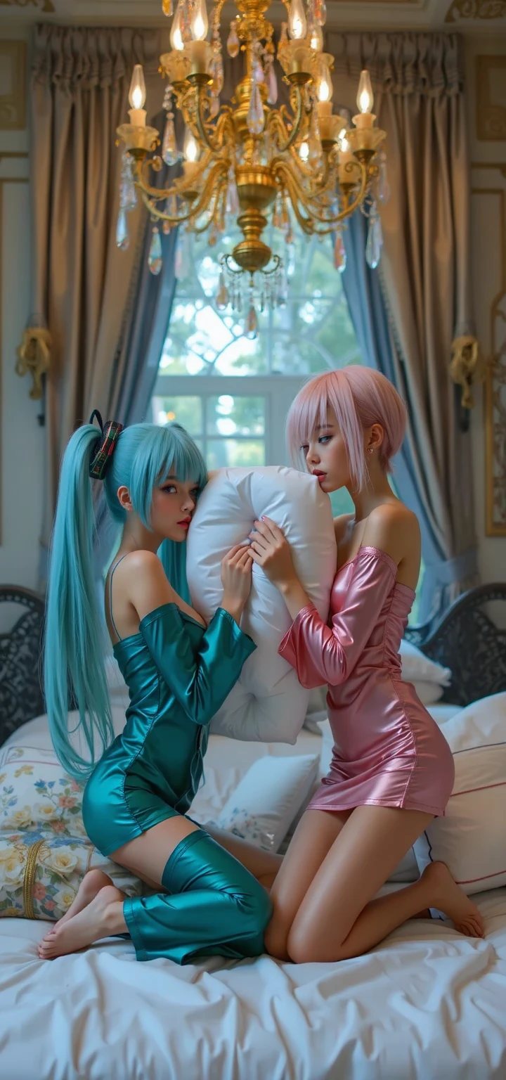 Floor-to-ceiling windows in the living room on the 180th floor of the Shanghai Tower door,Two little girls in openwork translucent stockings holding toys,Pout,Pink double-tailed hair and cyan eyes,Anime little girl in servant costume