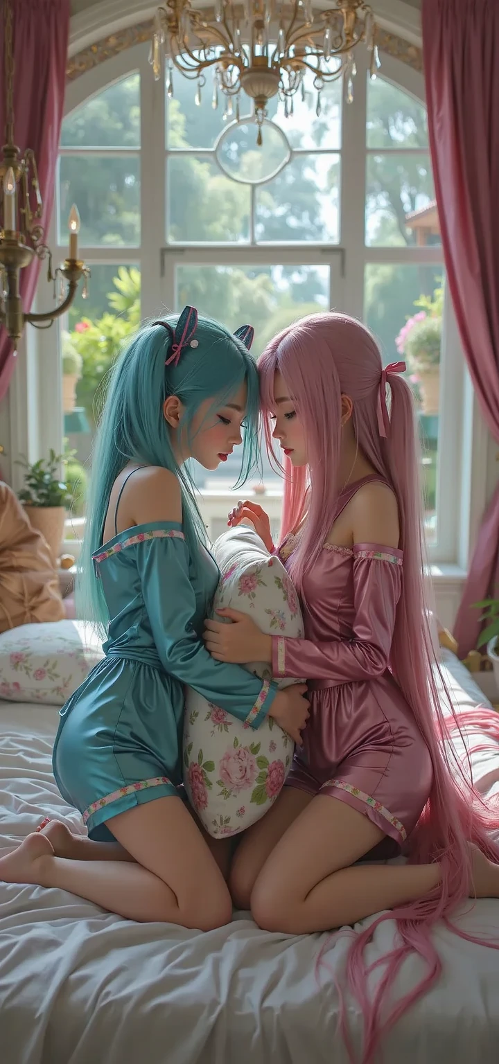 scene in bed, newborn baby with 1 year old with long pink hair (detailed face), in the lap of your older sisters, two 17 year old woman with pink hair with cat ears, pink bikini, big breasts