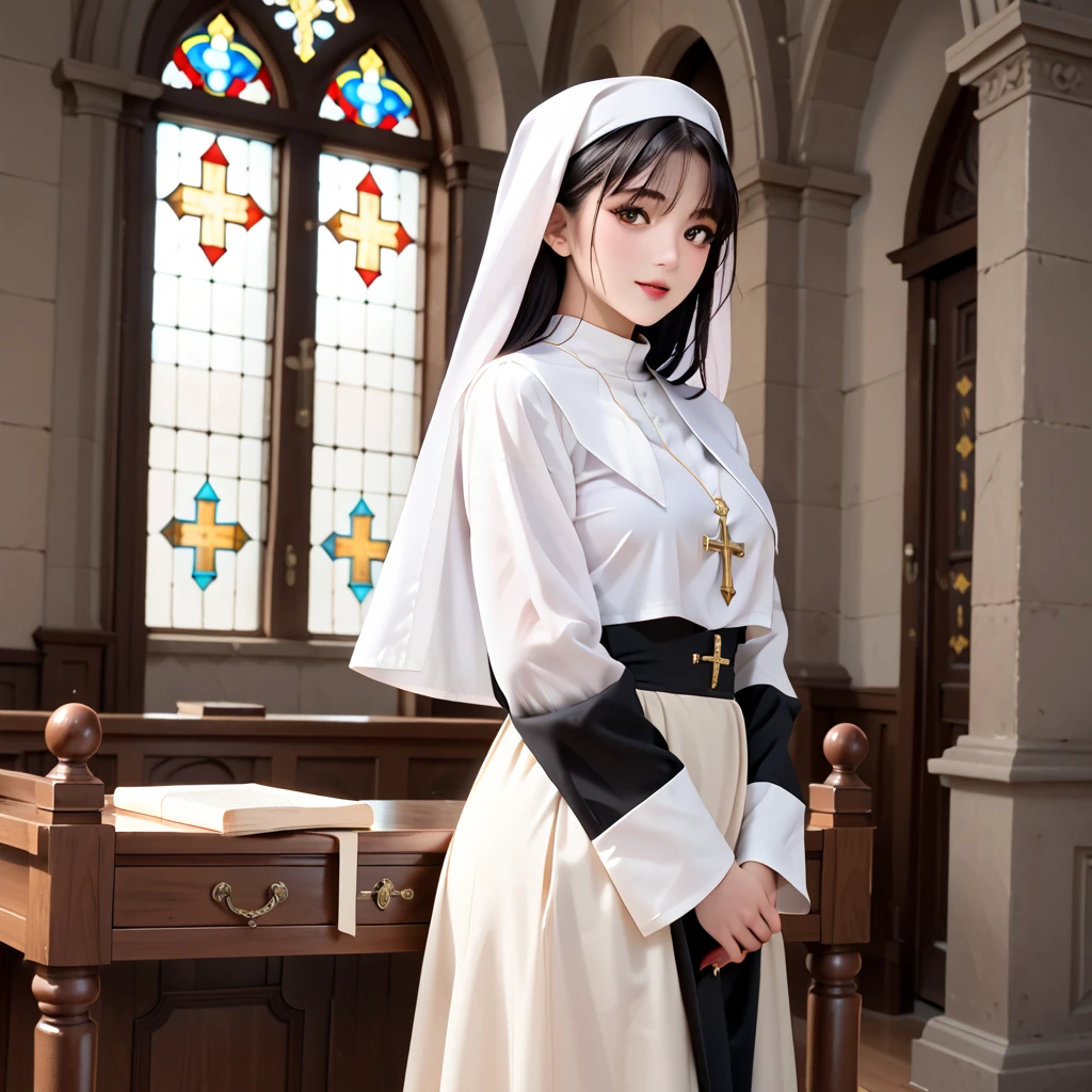 Woman on her back in Catholic lady's dress praying --auto