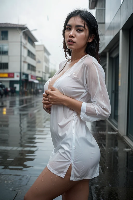 Young Malay woman standing, ((On City Street)), ((Fully clothed)), ((Off-the-shoulder T-shirt dress)),((Barefoot)), black short hair, slim build, mid afternoon, Gray light, Overcast, Detailed background, busy street, crowding street, Cinematic, pessimistic, Masterpiece, Best quality, RAW photo, up-close, zoomed, Photorealistic, ((view the viewer)), Hold yourself, Translucent shirt, dripping wet, beautiful realistic photo, Surreal fantasy photos, Close up, Tight Frame, 8K, Ultra detailed, Detailed skin, brown eyes, Tanned skin, ((Drenched)), ((Soaked)), (Dripping water), Saggy clothes, wet street, Wet all over, wet dripping hair, angle of view, (posed for photo) Portrait, Close-up, bottom angles, Mist, ((heavy rain)), ((Hazy rain)), Rain on the face, wet face, Shallow depth of field