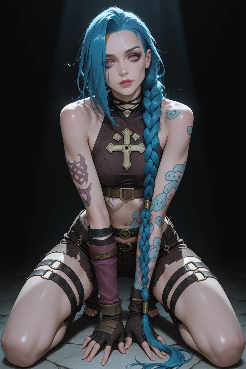 Hermosa y sensual dark magician gils vestida como Harley Quinn. pelo rojo y azul. Labios rojos. Ojos azules. Pose sensual y sexy. Toma cuerpo completo.