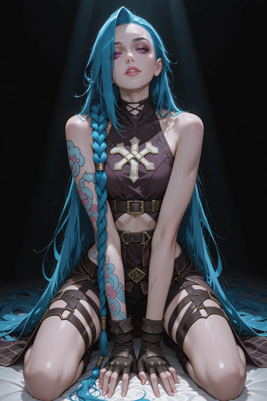 (((woman))), (((best qualityer))), (((tmasterpiece))), (((AS-Adult))), ((( Japanese ))), Look up from your knees, A beautiful asian samurai woman with perfect body, Modern samurai, ((( Asian))), Wear gloves on your hands,The left arm is made of steel and metal tips,Made of protective devices, The eyes are pulled, (( Appears below the breast )), (( Small dental floss )), Simon Bisley, Almost naked(Simon Bisley)Castle City Wilderness,For high-resolution posters, hair straight, Minimum clothing, armure (Crazy clothes ), Full of tips and rivets, tribal tattoos, (((full bodyesbian))), Straight brunette hair,Colored hair ends