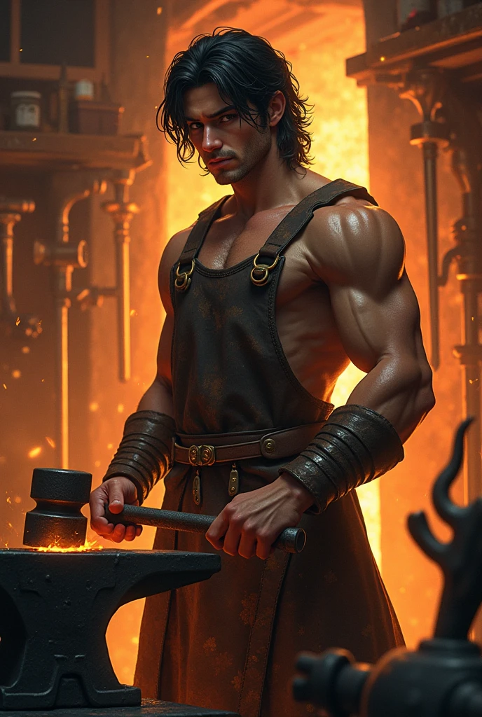 A large, muscular blacksmith、Shaved head、Brown skin、blacksmith、Perfect Body、Highest quality、High resolution、Fantastic space