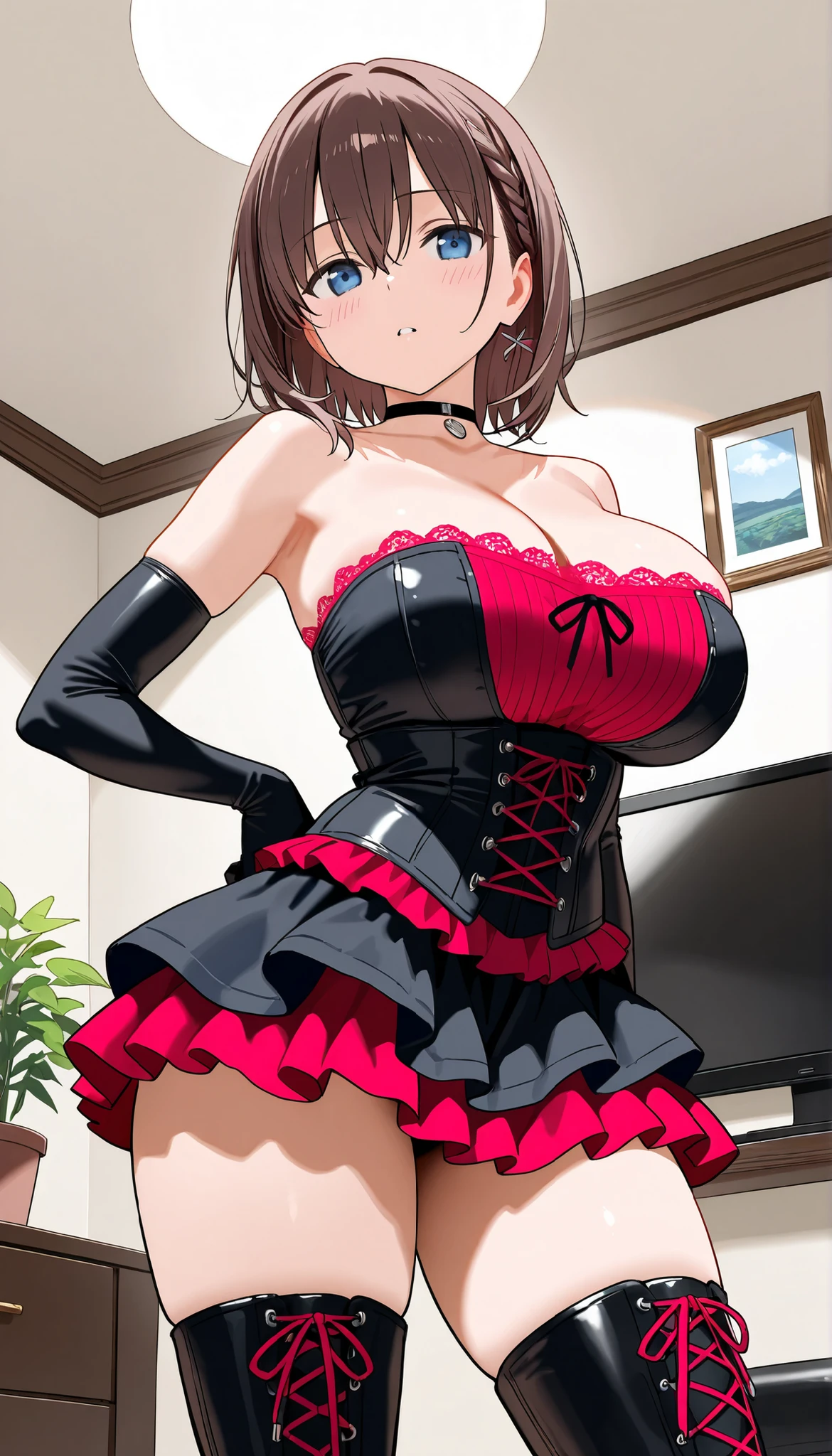1girl, masterpiece, high quality, huge breast, bright breasts, looking into camera, safe, shining , red dress, cleavage, standing, mio, close the camera, wear red dress, look camera, skirt lift pov, , from below, lifted by self, red lace panties