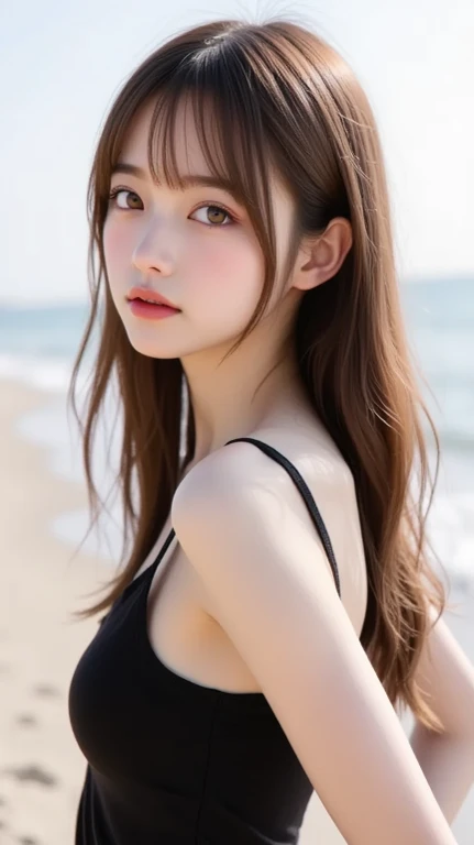 masutepiece, Best Quality, Illustration, Ultra-detailed, finely detail, hight resolution, 8K Wallpaper, Perfect dynamic composition, Beautiful detailed eyes , the beach, Sexy face,Sexually aroused face