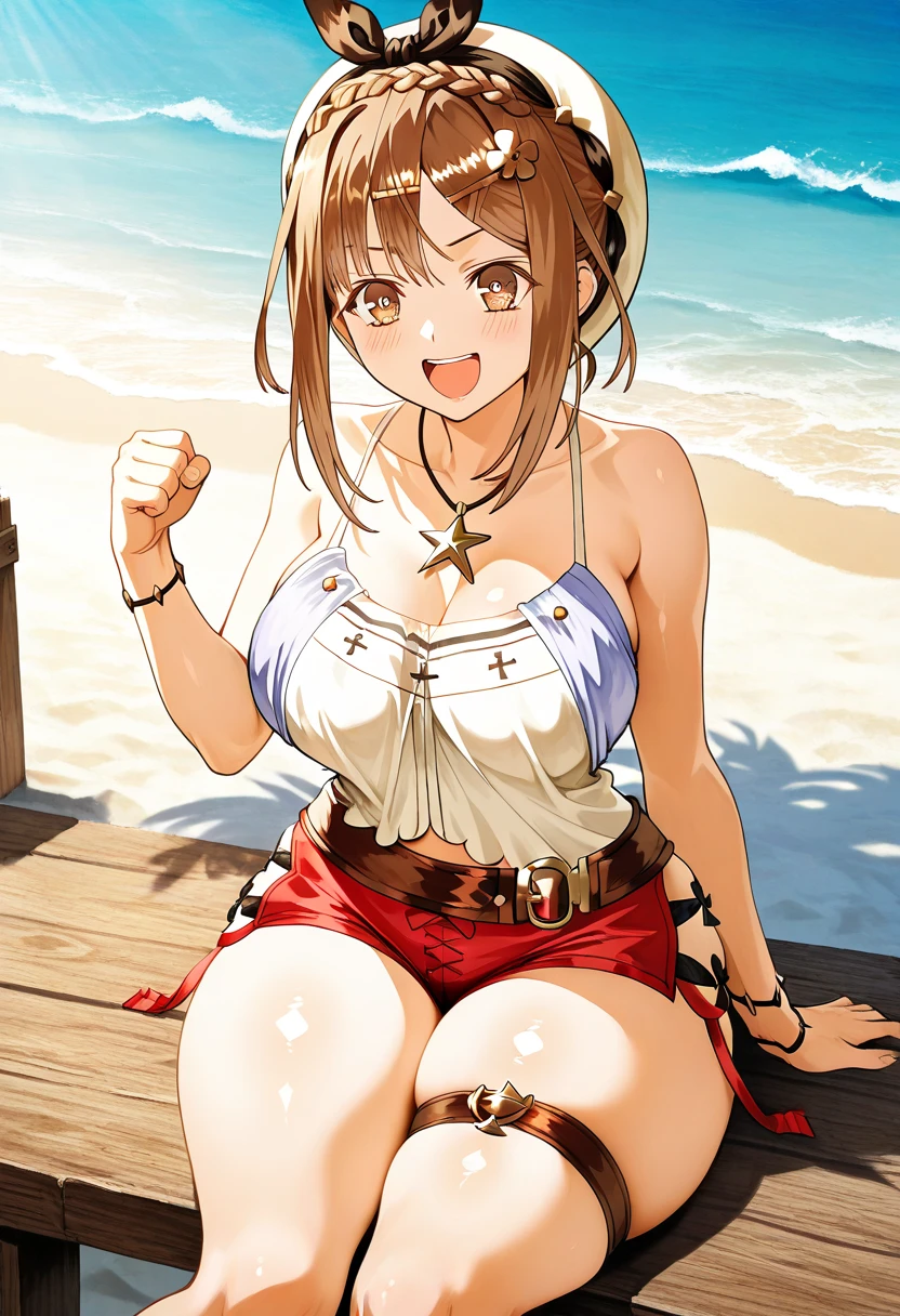 (masterpiece, highest quality, anime screenshot:1.5, hd, 8k, realistic), 1 female, mature woman, 前hair, Brown_hair, length_hair, red eyes, lipstick, compensate, blush, huge breasts, cleavage, white micro bikini, Raise your arms back, Upper body, (Flawless解剖学, Flawless, shiny skin, beautiful hair, beautiful face, beautiful eyes, beautiful breasts), (thick outline, black outline), sunlight, beach,,((nsfw))