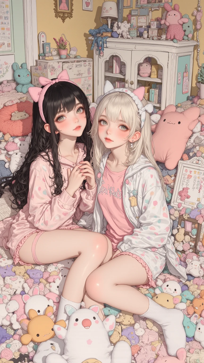 An adorable image of an 18-year-old girl with a cute appearance, wearing pink unicorn print pajamas. She's cuddled up to a giant teddy bear, com olhos grandes e expressivos. The setting is a room decorated with little lights, com uma janela ao fundo mostrando a lua e as estrelas. --auto